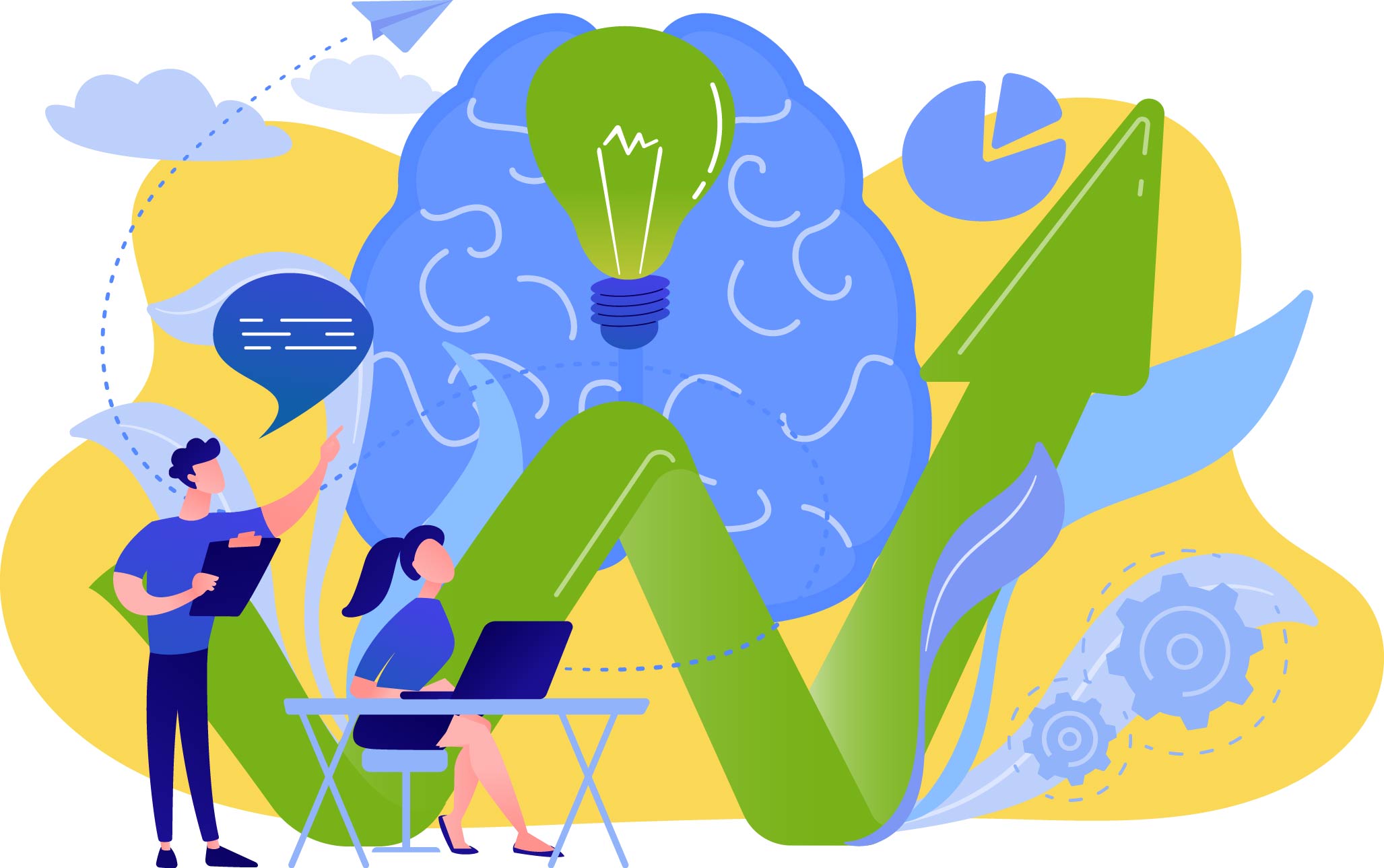 2023 List of Best customer centric methodologies depicted with graphic of green rising graph representing growth in sales superimposed over a blue image of a brain with a lightbulb above it depicting innovation and ideas